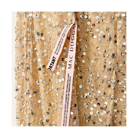 Mac Duggal Nude Silver Sequin Midi Gown Cap Sleeve Ruffle Dress Size 12 NWOT - Picture 11 of 11